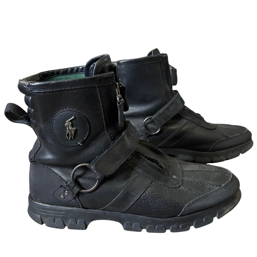 Polo Ralph Lauren Conquest Hi III Boots Sz‎ 9.5 D Black Leather Moto Biker
